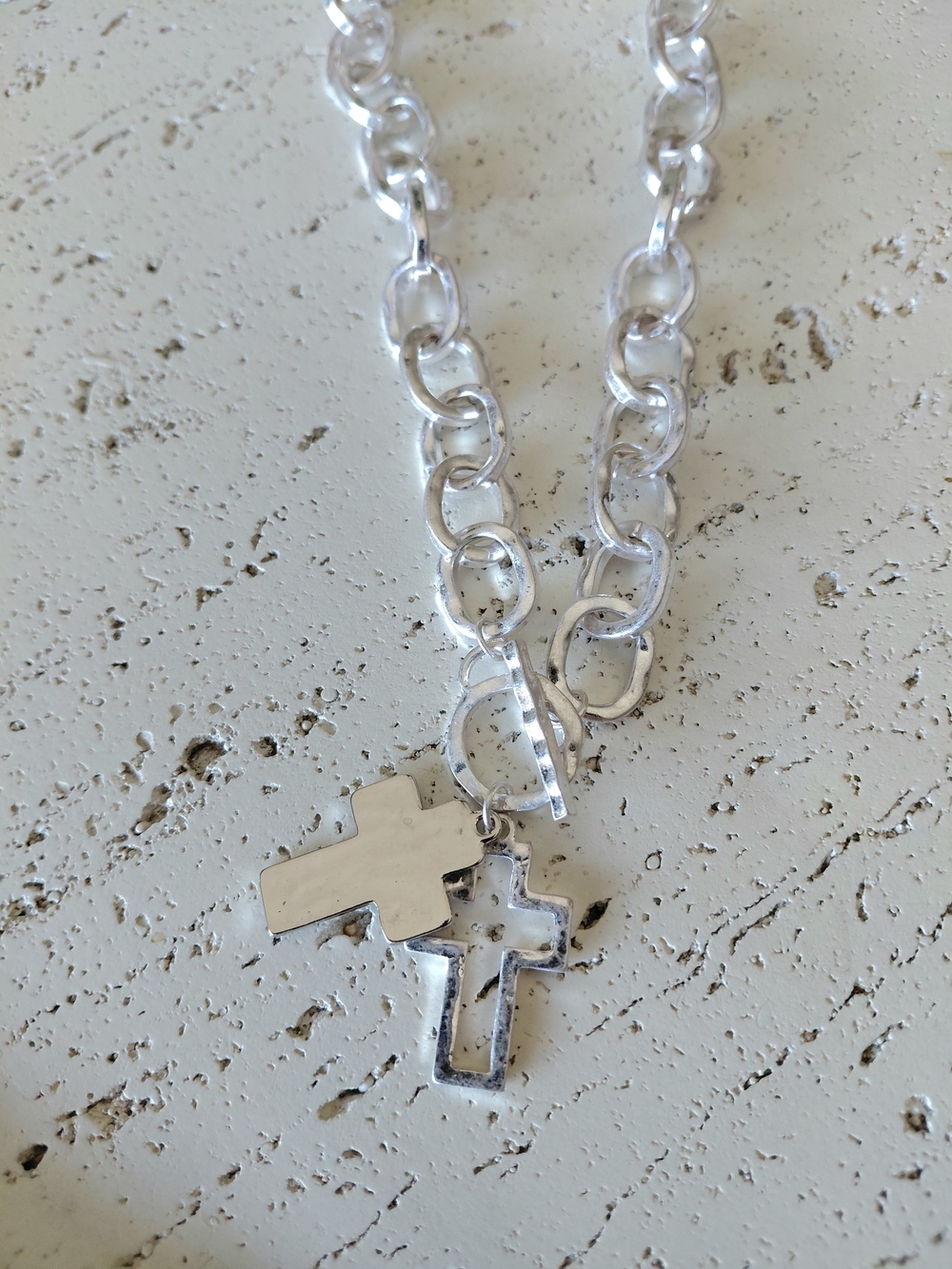 Silver Double Cross Charm Chunky Chain Necklace - Women